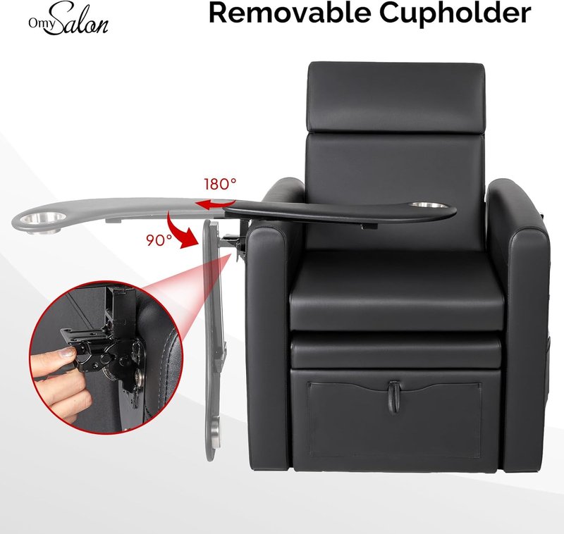 OmySalon Electric Pedicure Chair - Adjustable Backrest, Movable Cup Holder & Hidden Storage | Black Spa Station