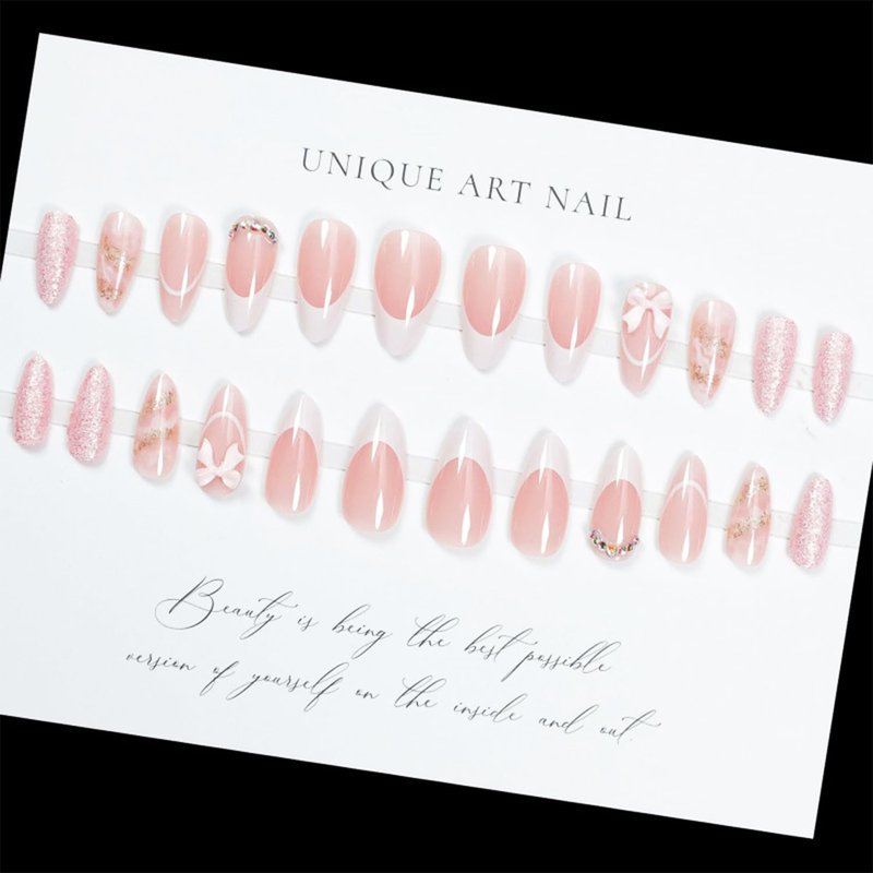 French Tip Press-On Nails - 24pcs Medium Almond with 3D Bow & Glitter Rhinestones | Reusable Full Cover Nail Art for Women