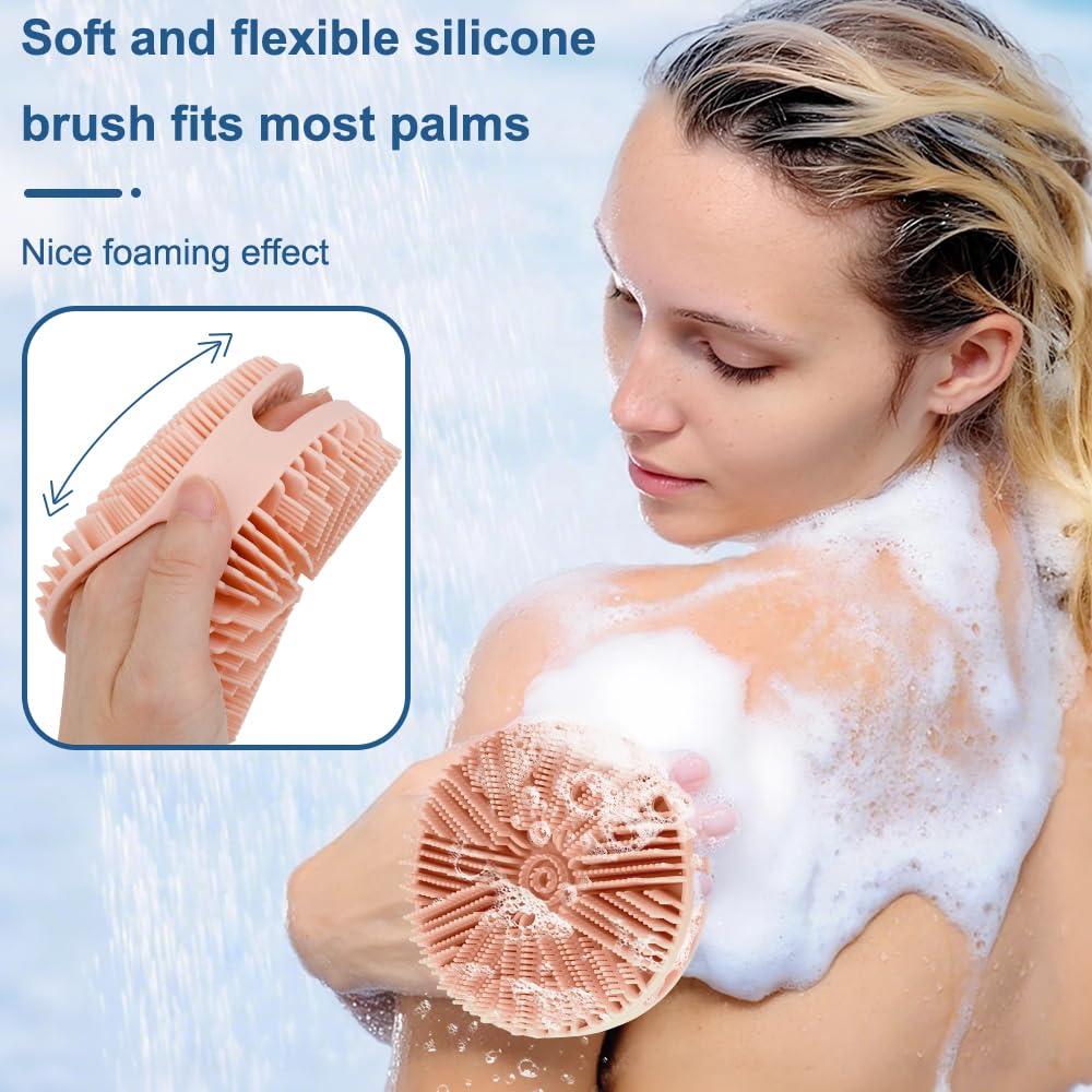 Silicone Body Scrubber, 2pcs Dual-Sided Silicone Loofah 2-in-1 Silicones Shower Scrubbers Exfoliating Body Scrubber for Women Men Soft Silicones Bath Shower Brush for All Skin Lather Well (Pink&Gray)