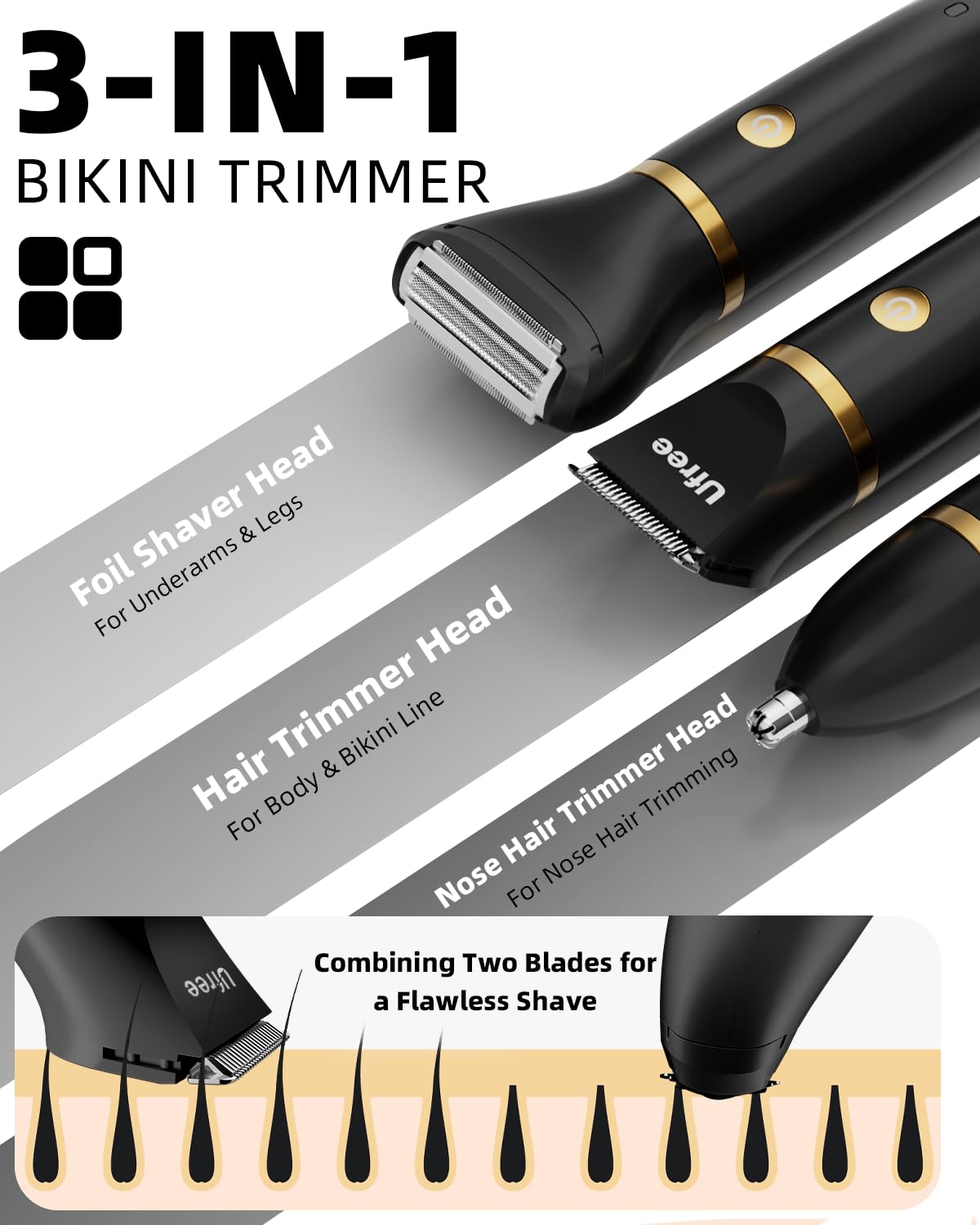 Ufree Bikini Trimmer - Rechargeable Electric Razor for Women | IPX7 Waterproof, Black Body Hair Shaver