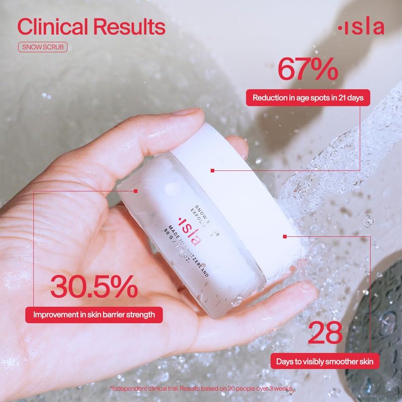 ISLA Snow Scrub Exfoliating Treatment, Smooths Texture, Unclogs Pores & Boosts Radiance, Hydrated Silica, Fruit Enzymes, Glycerin & Pink Slow Algae, Skin Barrier-Safe, Made in Switzerland, 1.76 fl oz