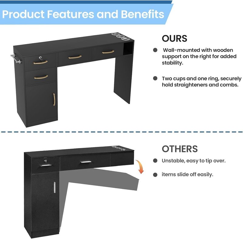 Skiennix Barber Station - Modern Hair Stylist Desk with 4 Drawers, Cabinet & Blow Dryer Holder