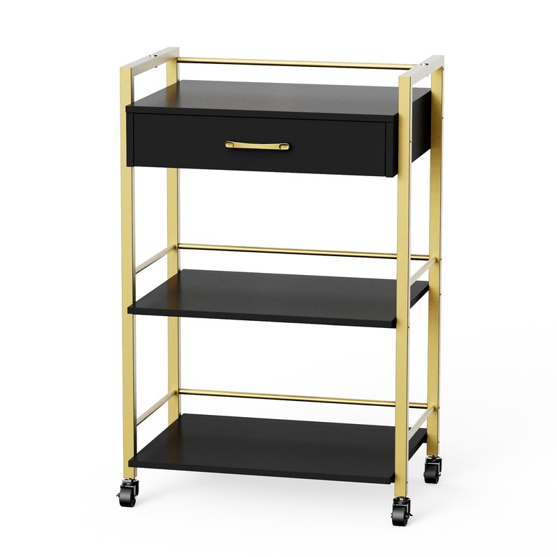 Salon Trolley Cart with Wheels, Esthetician Cart with 1 Drawer & 2 Trays, Mobile Storage Organizer for Beauty Spa Massage Tattoo Esthetic Facial Tool Holder Station, Black Gold