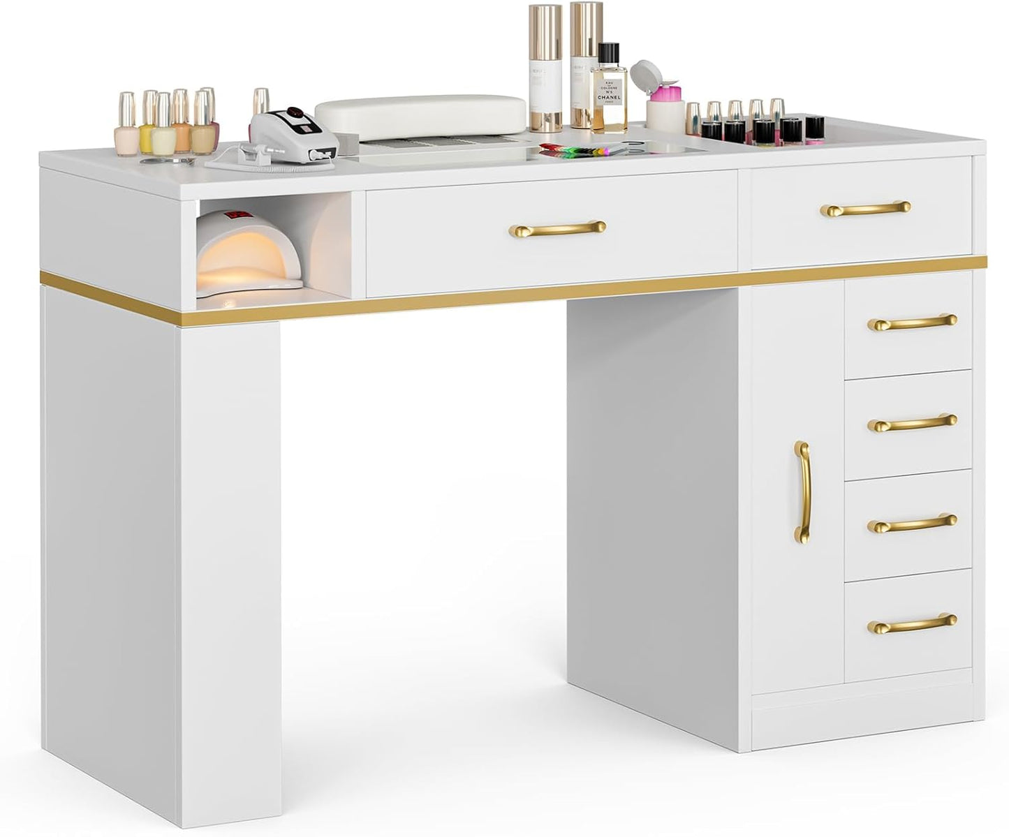 Skiennix Nail Tech Table - Glass Top Manicure Desk with Dust Collector & 7 Drawers | White Finish
