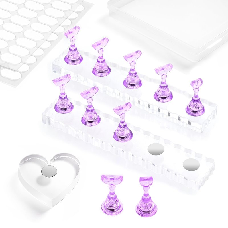 ESUOHYM Nail Stand For Press On Acrylic Strong Magnetic Nail Holder Kit For Painting Nails Tip Arts Display With 200PCS Double-Sided Tape And 1 Heart Shaped Acrylic Magnetic Presson Stand (Clear And Purple, Medium)