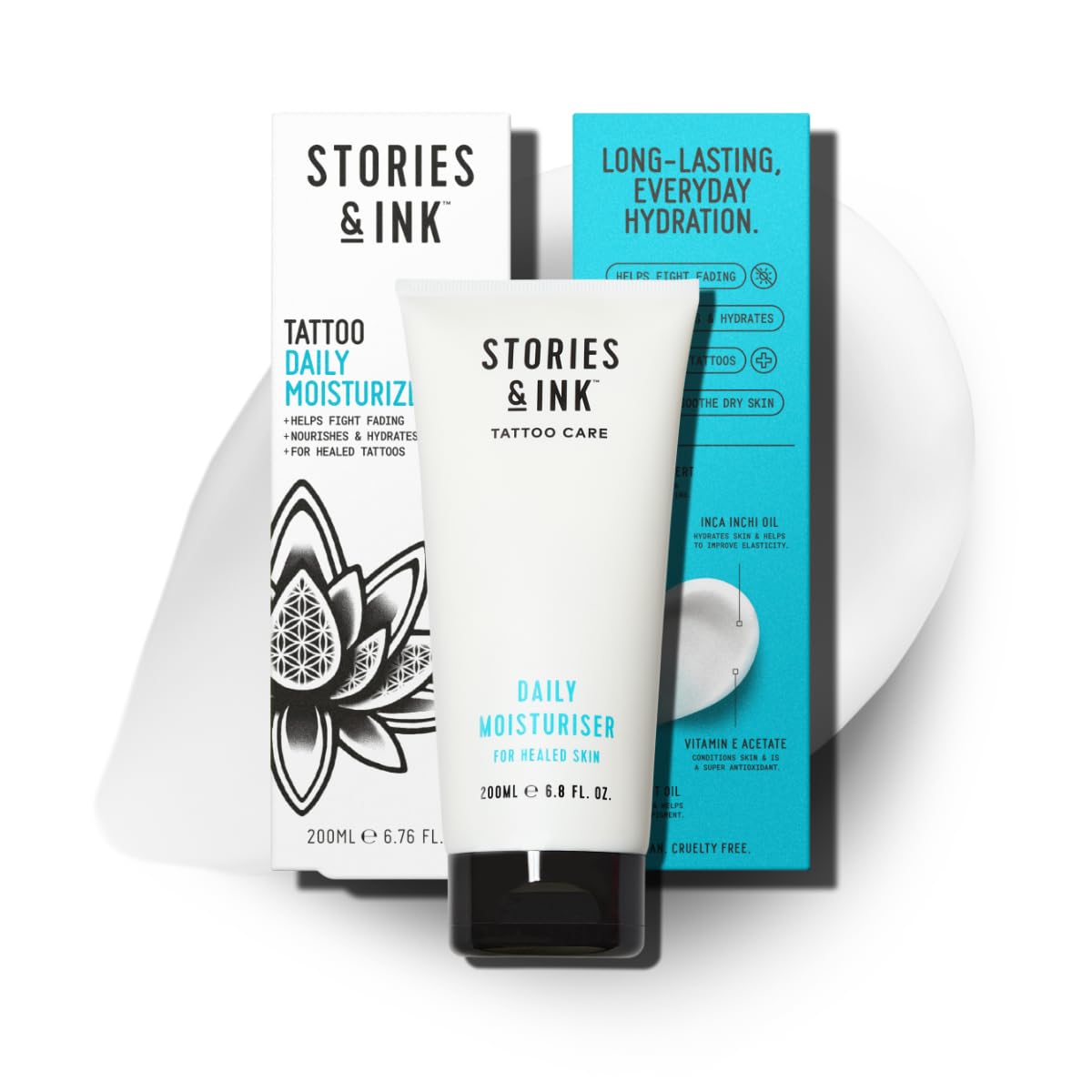 Stories & Ink Tattoo Care | DAILY MOISTURIZER for Healed Tattoos | Fast-Absorbing Hydrating Lotion with Advanced UV Ink Protection to Help Prevent Fading, 200 mL / 6.8 Fl Oz
