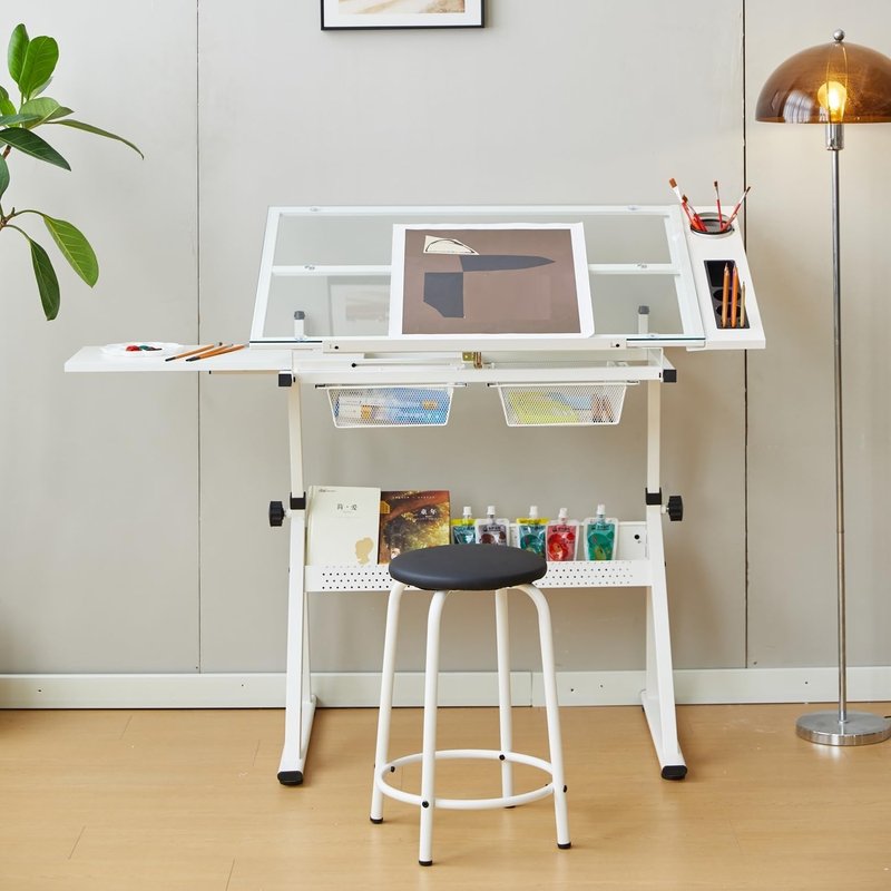 MegaChoice Drafting Table w/Stool, Height Adjustable Multifunctional Art Craft Artists Desk, Tilting Glass Tabletop Diamond Paintings Work Station w/2 Storage Drawers & for Tray Home Office