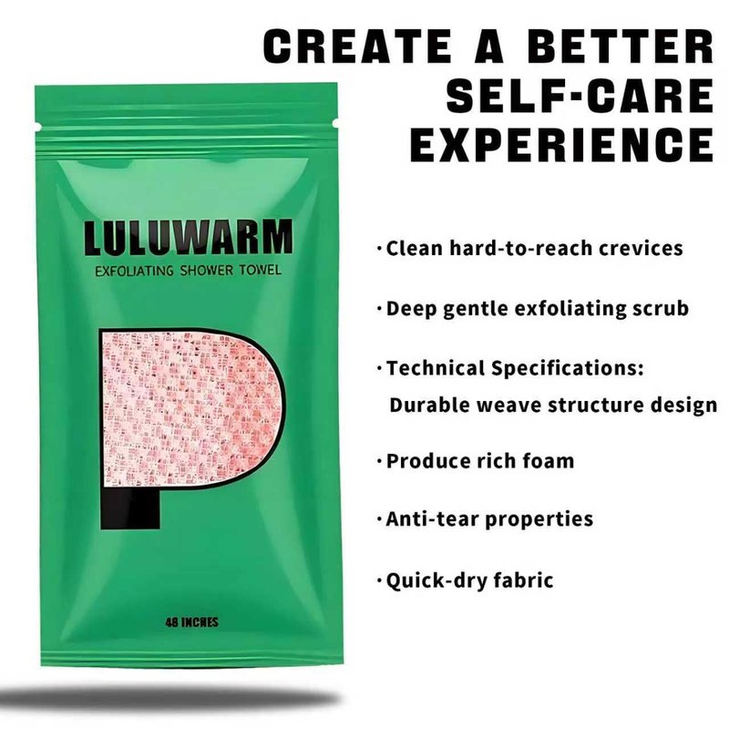 LULUWARM Exfoliating Shower Towel, Quick-Dry Double-Sided Body Scrubber, Oversized 48"x12" Extra Long to Clean Back & All Hard-to-Reach Spots, Gentle for All Skin,Pink