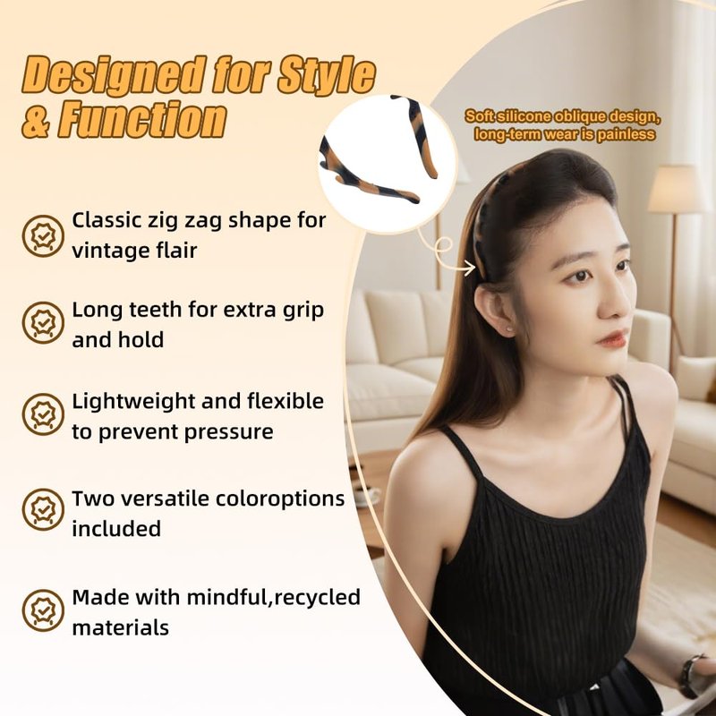 Fodeuxp Silicone U Shape Fashion Tooth Hair Comb Headband, 2025 New Zig Zag High Cranium Head Bands for Women's Hair Non Slip, Reversible Korean Headbands with Teeth (Amber, 1 Count (Pack of 1))