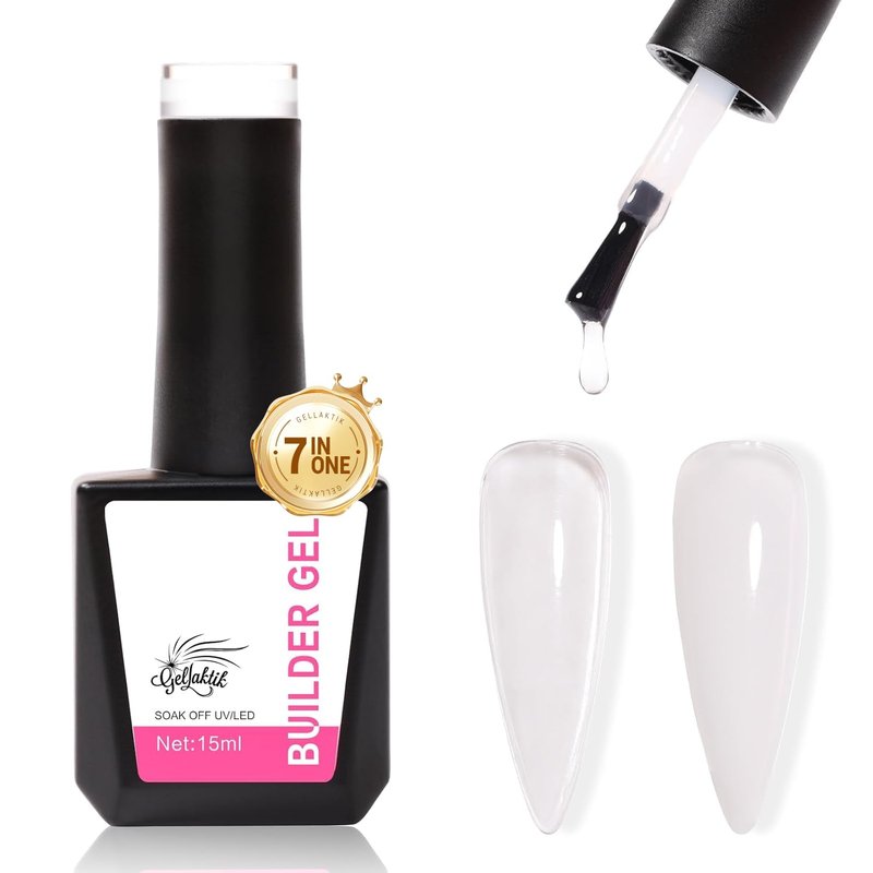 GELLAKTIK Builder Gel for Nails, 15ml 7 in 1 Builder Gel Nail Polish, LED Lamp Cured for Clear Rubber Base & Strengthener Extensions, Thickening, Repair, Salon-Quality DIY Manicure (Clear)