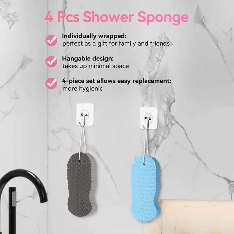 4 PCS Shower Sponge, Body Sponge, Bath Sponges for Men Women, Soft, Rich Foam, Individually Wrapped, Hanging Design, Great Gift for Friends Family