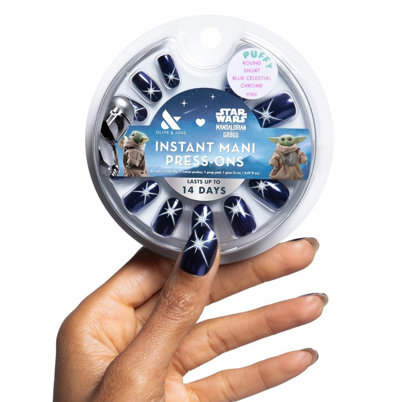 Instant Mani Press-On Nails - Star Wars Mandalorian & Grogu | 42 Non-Toxic Fake Nails, 21 Sizes | Short Round Blue Celestial Chrome