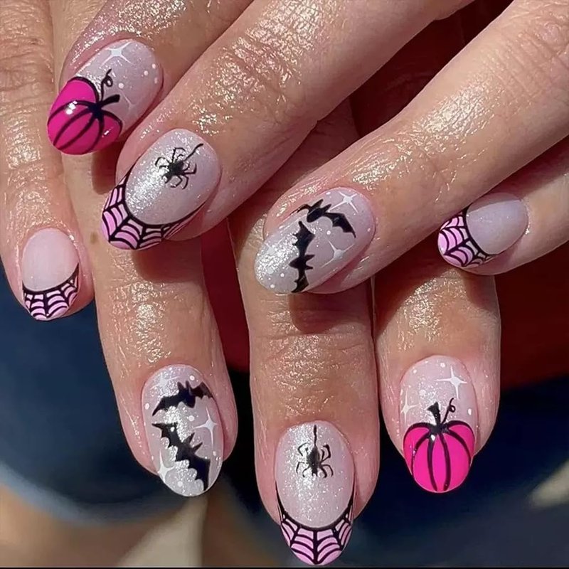 Skiennix Halloween Press-On Nails - Short Square & Almond Styles with Pumpkin, Ghost & Spider Web Designs | 144 Pcs in 12 Sizes