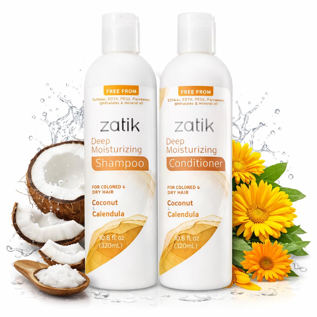 Zatik Naturals - Deep Moisturizing Conditioner - Coconut & Calendula, for Colored, Dry damaged Hair, Bio-degradable, pH Balanced, Vegan, FREE FROM EDTA, PEG, Parabens, fragrances, 10.8 fl oz, 320ml