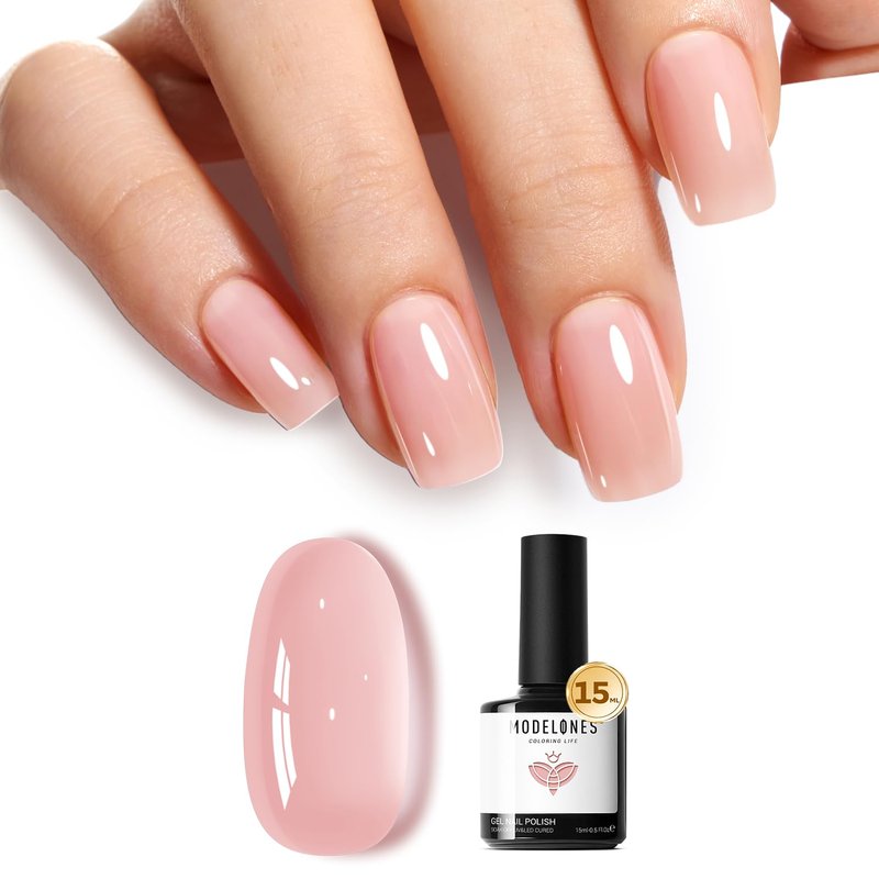 modelones Pink Gel Nail Polish Nude Pink Nail Polish Jelly Sheer Natural Translucent Soak Off U V Gel Clean Girl Valentine Nails for Women Nail Art French Tip Manicure 15 ML