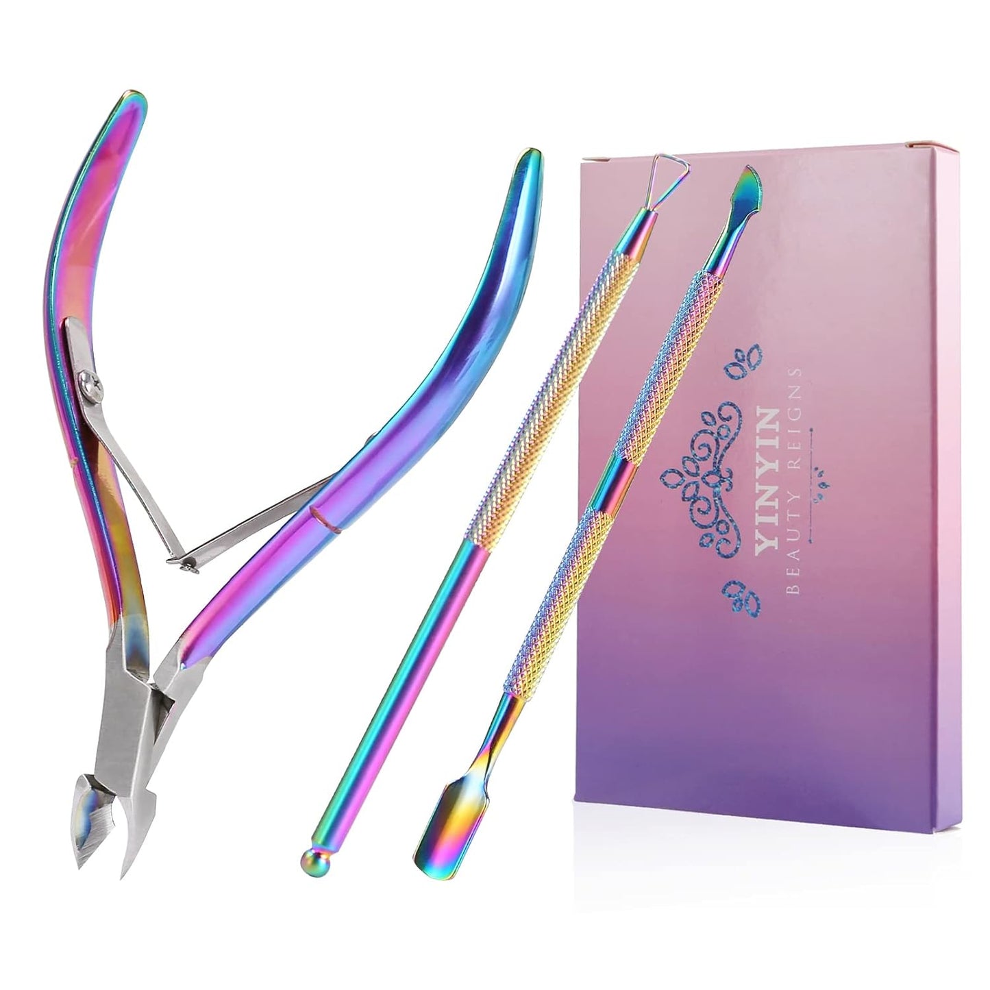YINYIN Cuticle Trimmer Set - Durable Cuticle Remover with Pusher & Cutter | Rainbow Finish