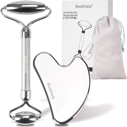 Face Roller & Gua Sha, Stainless Steel Facial Roller and Gua Sha Tool for Face, Skin Care, Anti-Aging, and Lifting