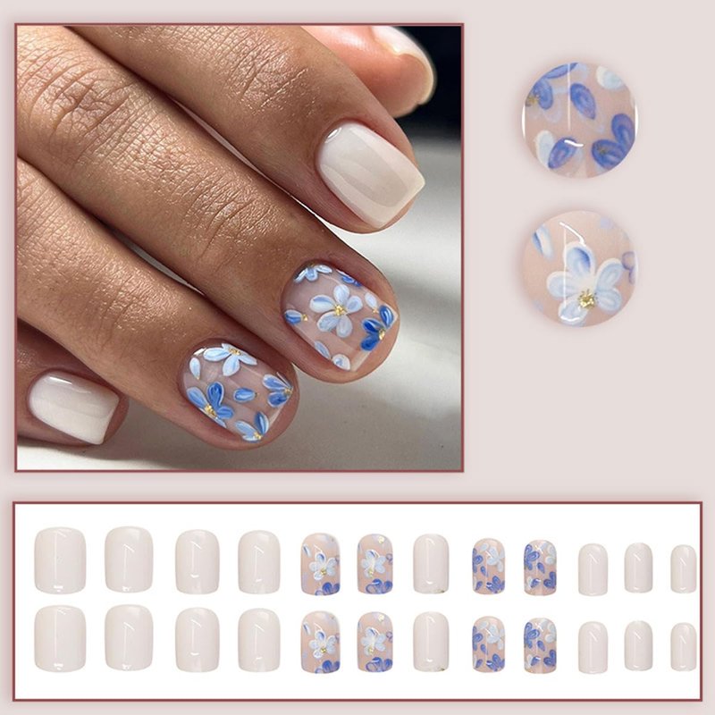 Short Square Press-On Nails - Glossy White Acrylic Nail Art Kit with Floral Designs | 24 Pcs Full Cover