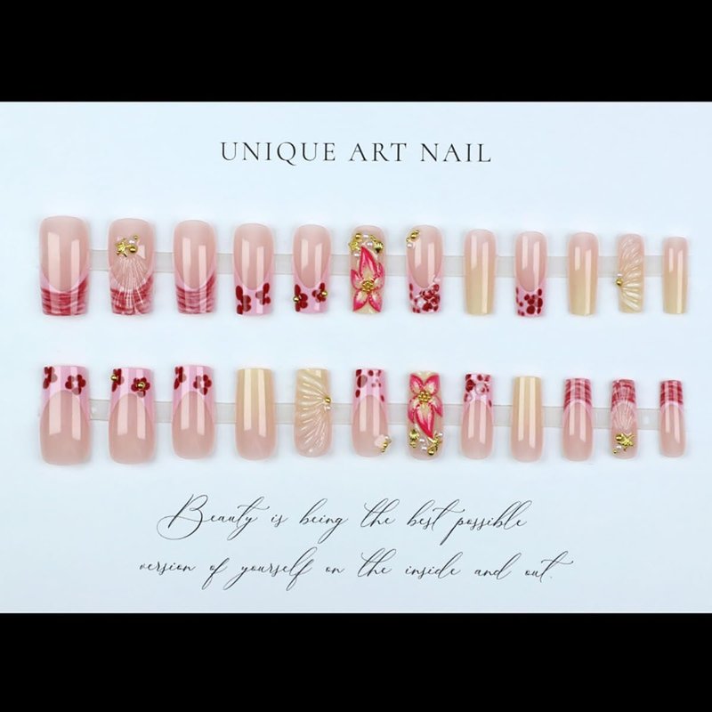 Press-On Nails - 24 Pcs Long Square Acrylic Nails with 3D Pink Flower & Rhinestones | Beach-Inspired Designs