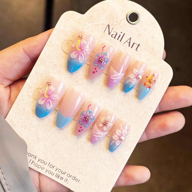3D Flower Press-On Nails - Medium Almond French Tip with Rhinestones | Tropical Floral Pink Blue Gradient, Reusable Full Cover for Women