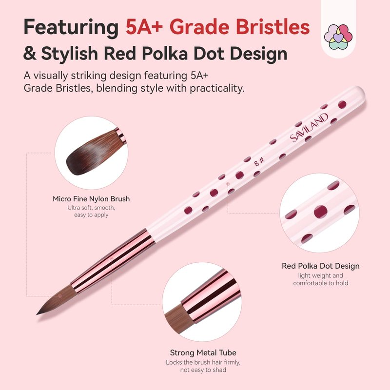 SAVILAND 3PCS Acrylic Nail Brush Set: Size 8/10/14 Kolinsky Acrylic Brush Professional Nail Brushes for Acrylics Powder, 3D Carving & Nails Extensions, Pink Manicure Tool for DIY Home Salon