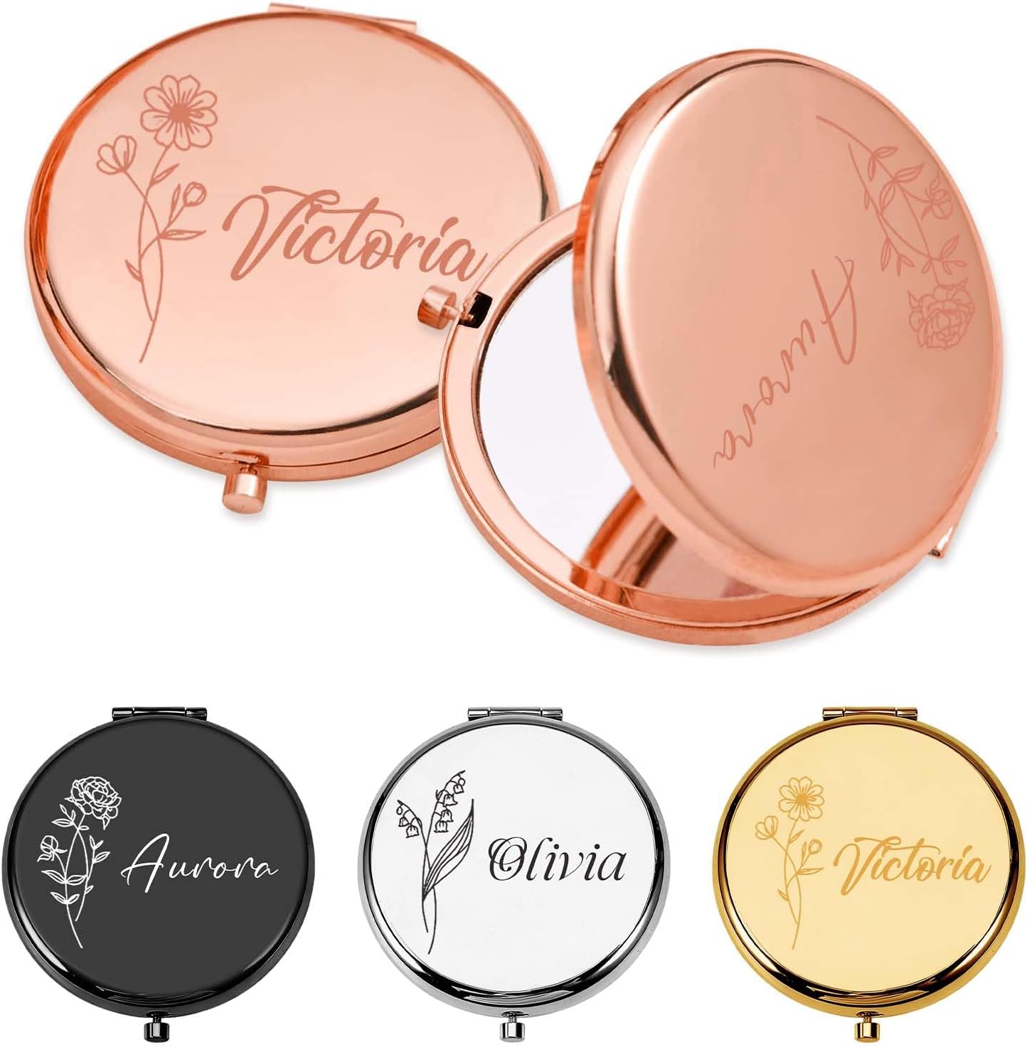 Skiennix Personalized Compact Mirror - Custom Birth Flower Design | Perfect Gift for Bridesmaids, Women, and Special Occasions
