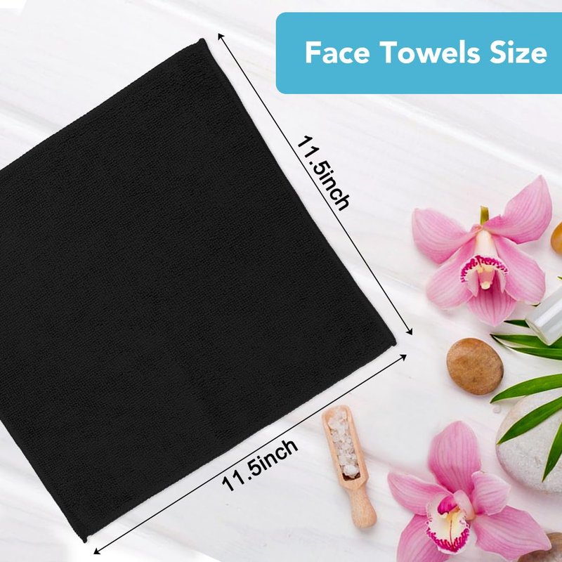 Orighty Microfiber Washcloths 20 Pack – Soft, Quick-Dry Face & Hand Towels for Travel, Gym, Spa, Hotel, 11.5"x11.5", Black
