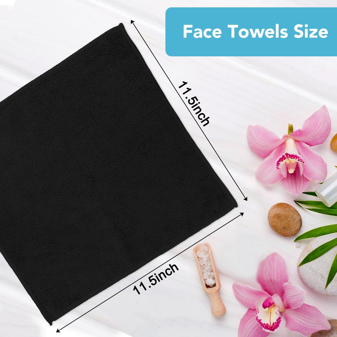 Orighty Microfiber Washcloths 20 Pack – Soft, Quick-Dry Face & Hand Towels for Travel, Gym, Spa, Hotel, 11.5"x11.5", Black