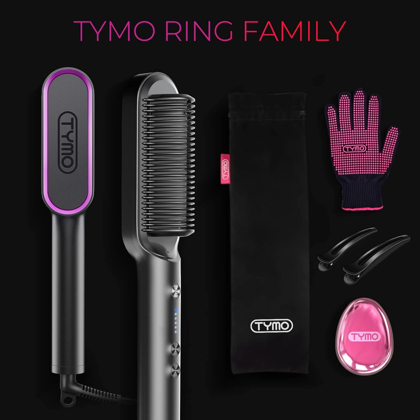 TYMO Ring Hair Straightener Brush - Fast Heating Comb with 5 Temperature Settings | Black