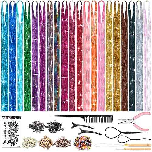 Hair Tinsel Kit with Tools, 20 Colors 4000 Strands Sparkling Glitter Tinsel Hair, Heat Resistant Shiny Fairy Hair Tinsel Extensions for Women Girls Hair Accessories for Cosplay Party