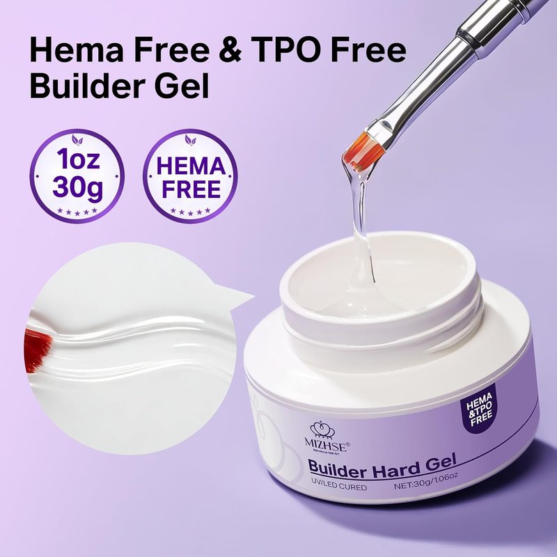 MIZHSE HEMA-Free Hard Gel for Nails - 1.06oz Clear Builder Gel | UV/LED Nail Strengthener for DIY Home Salon
