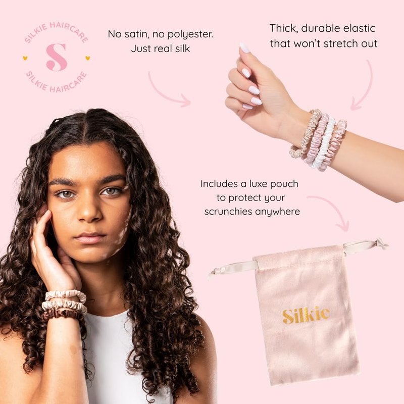 Silkie 100% Pure Mulberry Silk Scrunchies Set - 4 Colors with Travel Pouch | No Damage Hair Ties