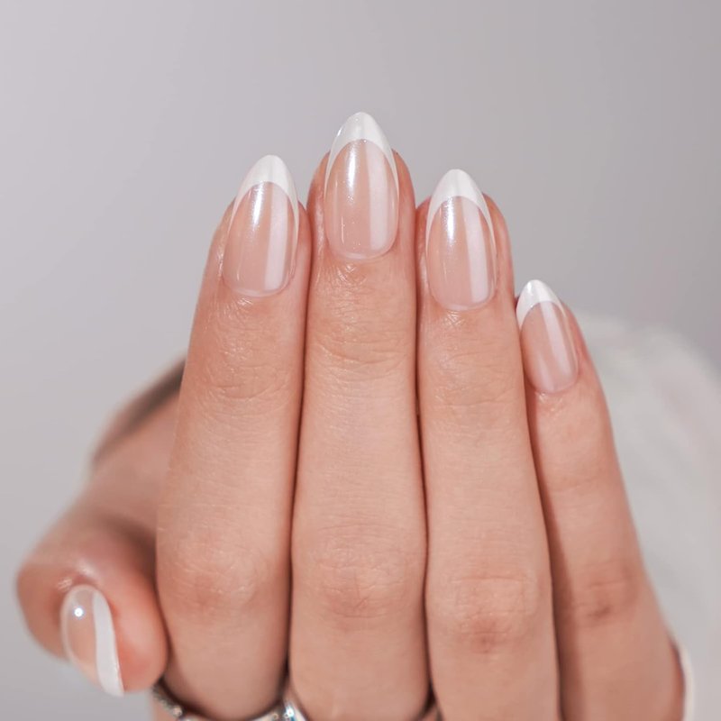 BTArtbox French Tip Press On Nails - Medium White Almond Reusable Stick On Nails | 30 Soft Gel Nail Kit in 15 Sizes for Women