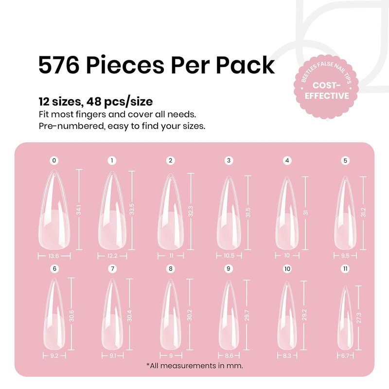 Beetles Gel Nail Tips - Stiletto Medium Pre-Etched Half Matte Full Cover | 576 Pcs in 12 Sizes for Easy DIY Press-On Extensions