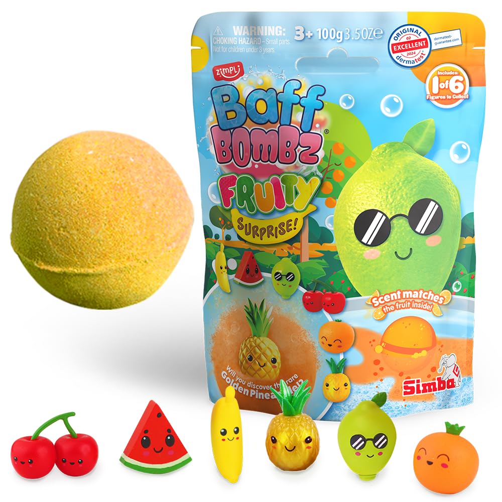 Zimpli Kids Large Fruity Surprise Bath Bomb, 1 of 6 Surprise Fruity Toys to Collect, One per Baff Bomb, Pocket Money, Bath Bomb Gift for Children, Collectable Figures