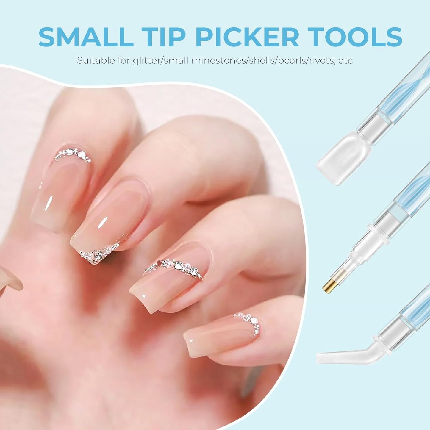 Skiennix Rhinestone Picker Tool Kit - Dual-Ended Applicator with 12 Replacement Tips | Perfect for DIY Nail Art (Blue)