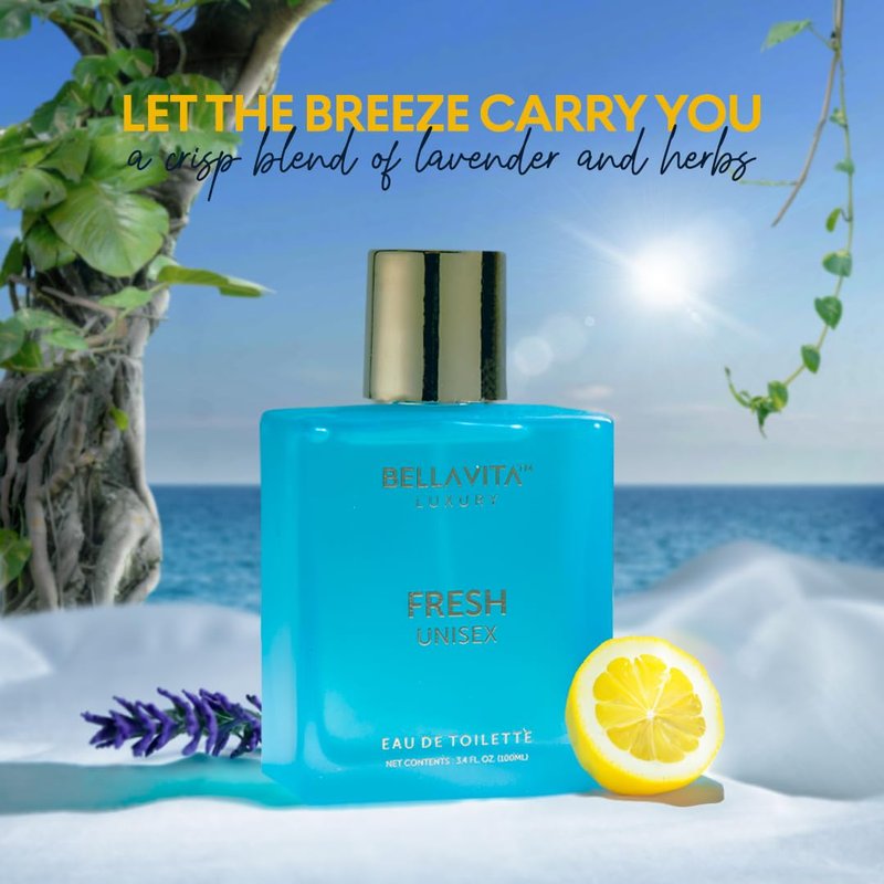 Bellavita Luxury FRESH Eau de Toilette | 100 ml (3.4 fl.oz.) | Perfume for Men and Women | Fresh, Sweet Almond, Lavender, Ylang-Ylang Notes | Long Lasting Unisex Fragrance