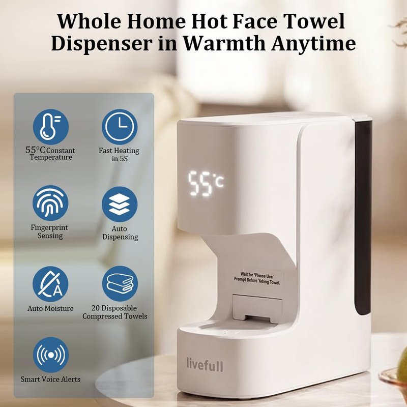 LiveFull Hot Towel Warmer for Face, 5s Fast Heating Hot Towel Dispenser, Auto Dispensing Heating Towel Machine, 20 Towels for Home Spa, Skincare Routine, Makeup Removal & Shaving Prep