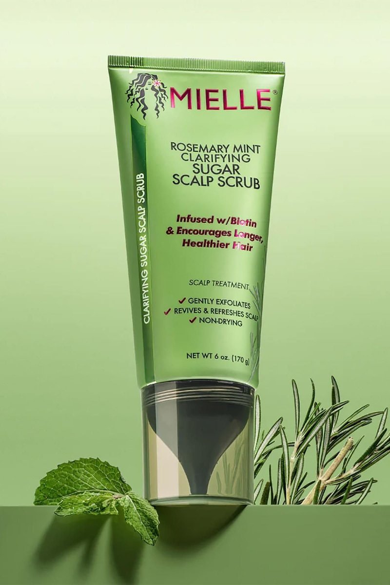 Mielle Organics Rosemary & Mint Sugar Exfoliating Scalp Scrub - Gentle Pre-Shampoo Dry Scalp Treatment for Oil & Product Buildup - Biotin Infused Non-Drying, Moisturizing Formula (6 Fl Oz)
