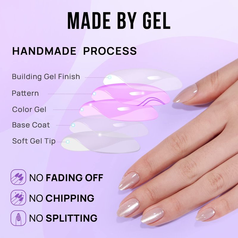 BTArtbox Press On Nails Almond - Soft Gel Fake Nail with Nail Glue, Reusable Opaque Short Stick On Nails in 16 Sizes Nail Kit for Gift Idea, Aurora Cat Eye