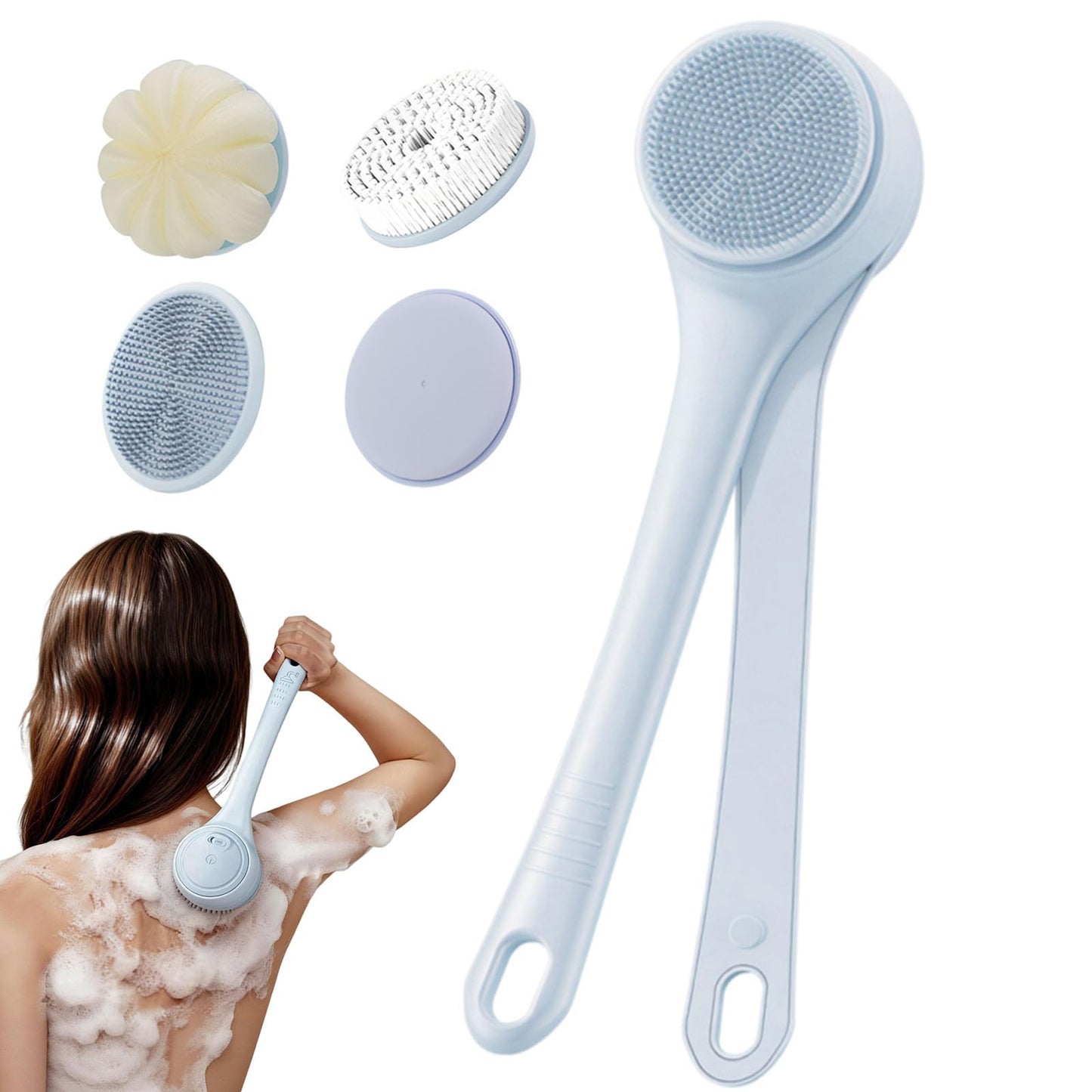 Electric Body Brush Back Scrubber for Shower, Waterproof Long Dual Handle Power Body Scrubber with 4 Heads, Bath Brush & 2 Speeds, for Deep Cleansing, Exfoliating and Massaging Skin (Blue)