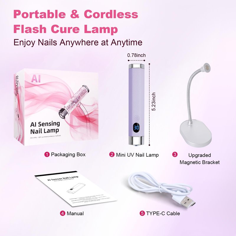 Lynsalene Handheld Mini Nail Lamp,Portable Flash Cure Light with Upgraded Magnetic Stand & Smart Sensor - Rechargeable Nail UV Light Fast Curing Gel Nails at Salon,Home & Travel (Purple)