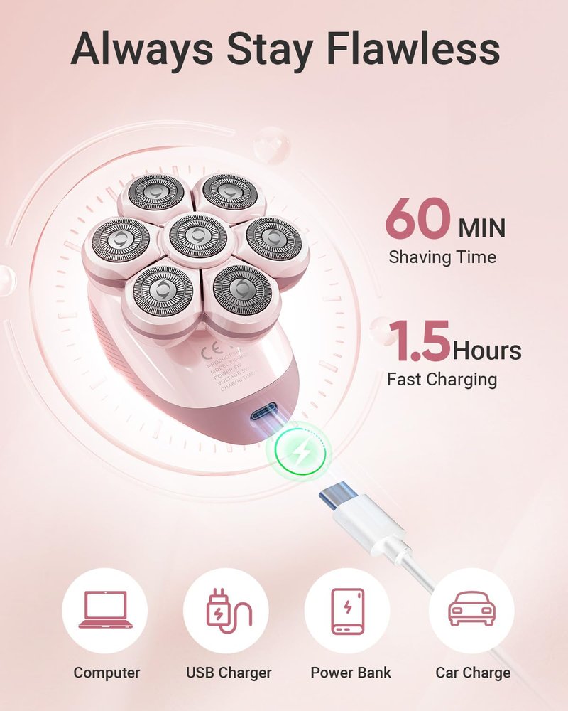 Bartrimber Electric Razors for Women Legs: 7D Fast & Painless Full-Body Shaver for Silk Skin – Waterproof Lady Face Pubic Hair Remover w/Light&Travel Cover – Wet/Dry Use, Gifts for Women Girl, Pink