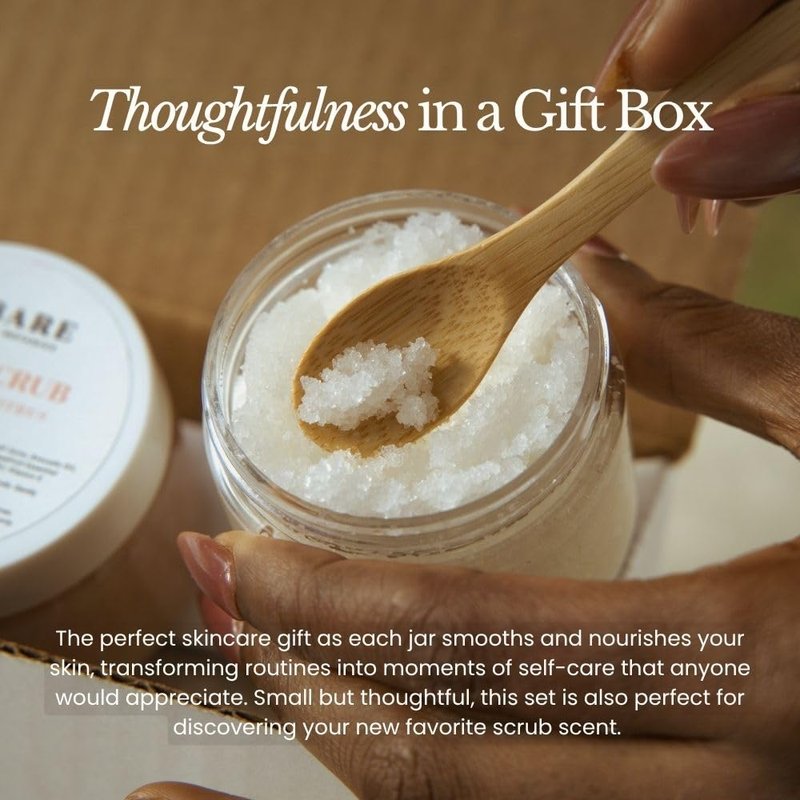 Bare Botanics 3 pc Body Scrub Gift Set - Ready to Gift Naturally Scented Sea Salt Scrub Made in Madison, WI - Formulated w/Skin Loving Moisturizers - Vegan, Cruelty Free Exfoliator w/a Cute Spoon