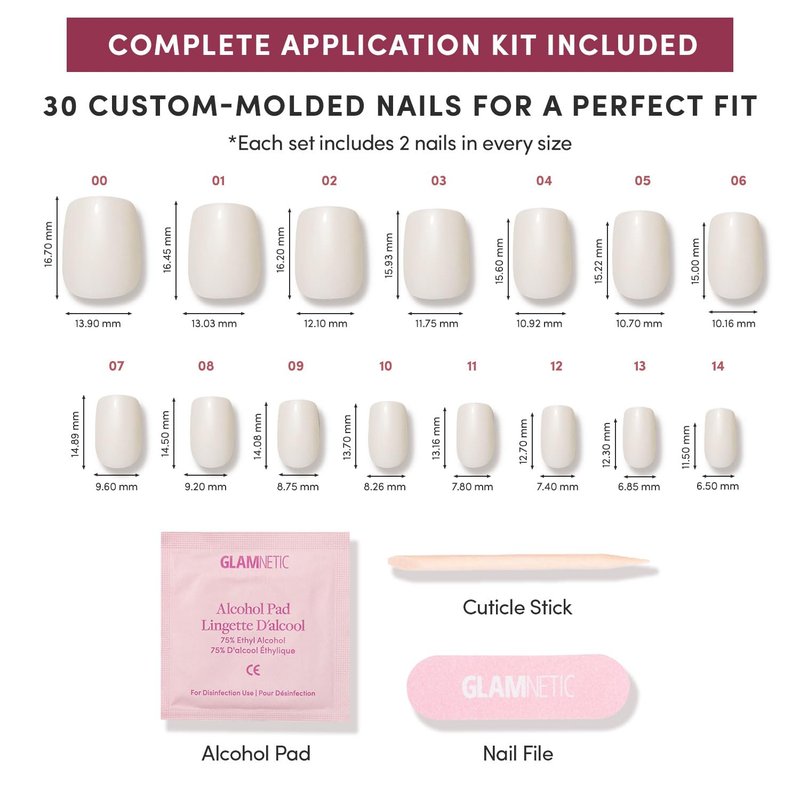 Glamnetic Quick Press Mani | No Glue Press-On Nails - Square Extra Short, Mess-Free, Salon Quality | 30 Nail Kit in 15 Sizes