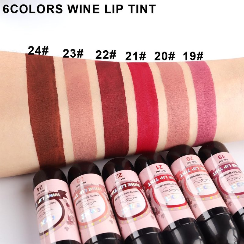 evpct Wine Lip Tint Stain 6 colors Set Long Lasting Waterproof, Mauve Light rosey nude Ruby red Dark red Light pink beige Red brown 6 Wine Bottles Shades Colored Lip Tint Stain Liquid Lipstick Set 04