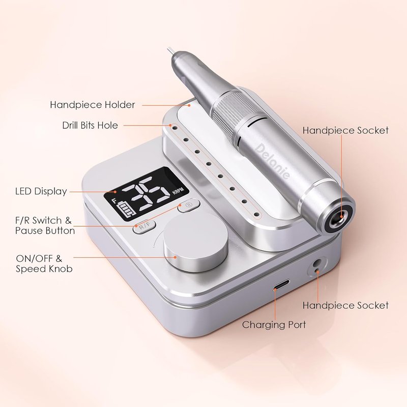 Delanie Electric Nail Drill Machine - 35000 RPM E-File for Professional Manicure & Pedicure | Rechargeable with 7 Bits & 36 Sanding Bands