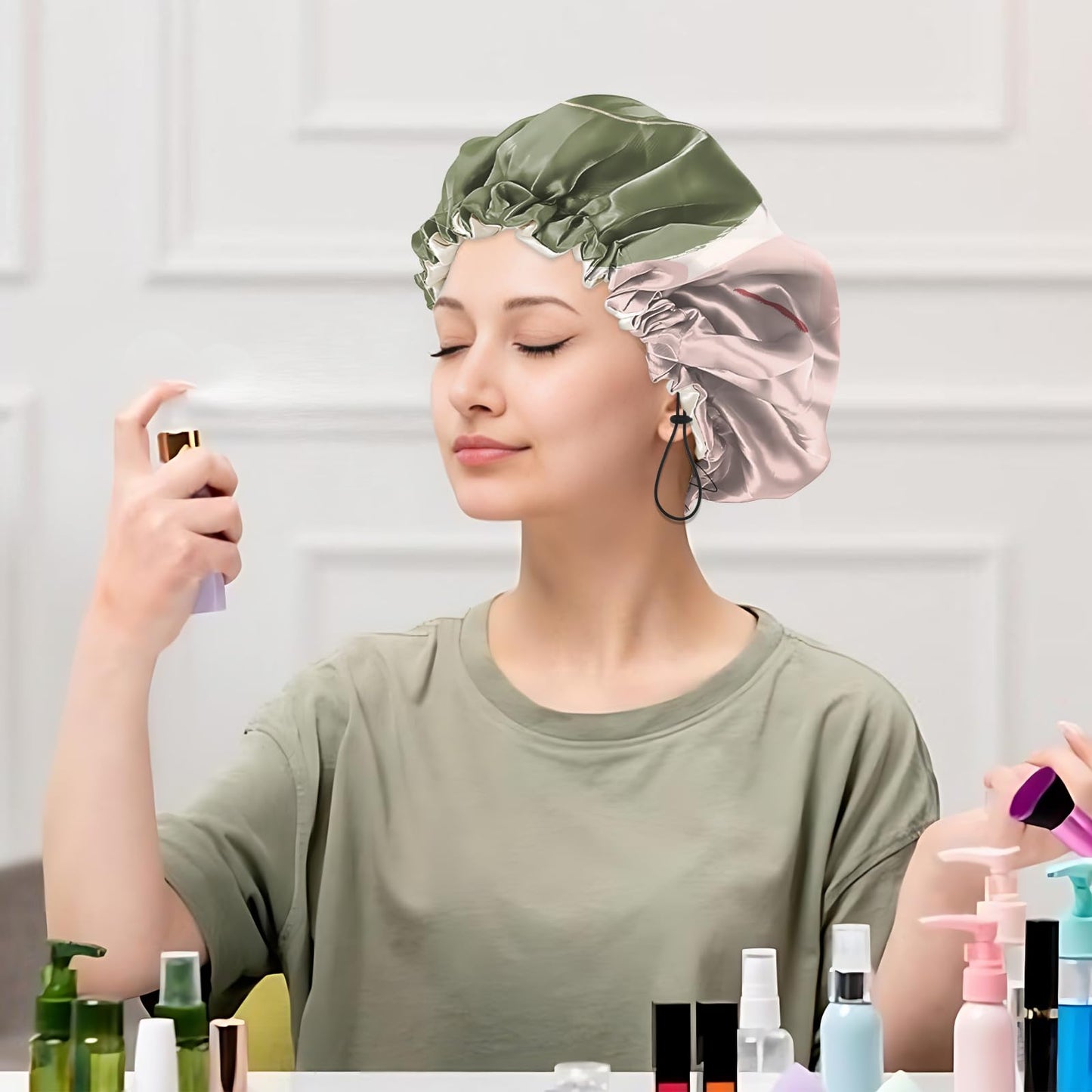 Cabreche Luxury Shower Cap Satin Silk Lined Adjustable Elastic Reusable Waterproof Shower Bath Cap Cute for Women Girls-Color Block
