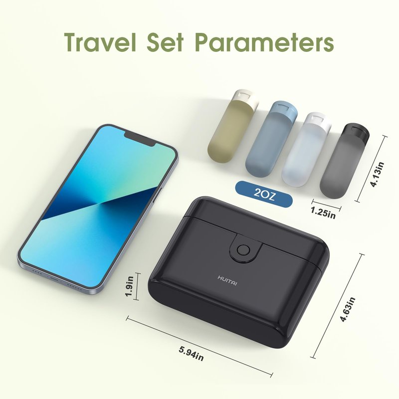 HUITAI Travel Bottles with Case, 4x2oz TSA Approved, Leak-Proof, Press to Unlock, Compact & Portable Travel Toiletries (Black)