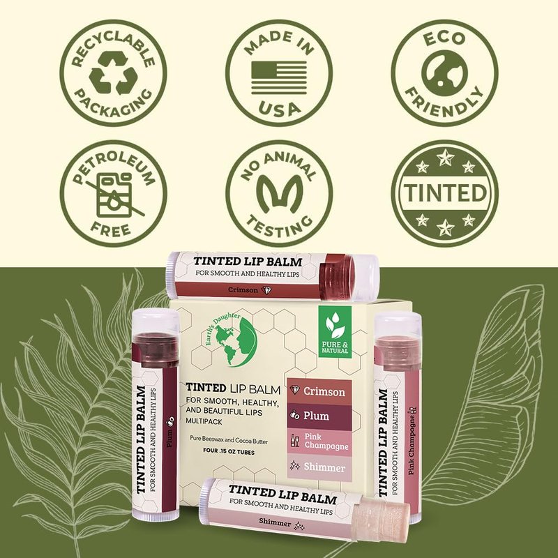 Earth's Daughter Tinted Lip Balm 4 Pack of Assorted Colors - Beeswax, Coconut Oil, Cocoa Butter, Vitamin E - Moisturize and Beautify - Paraben Free